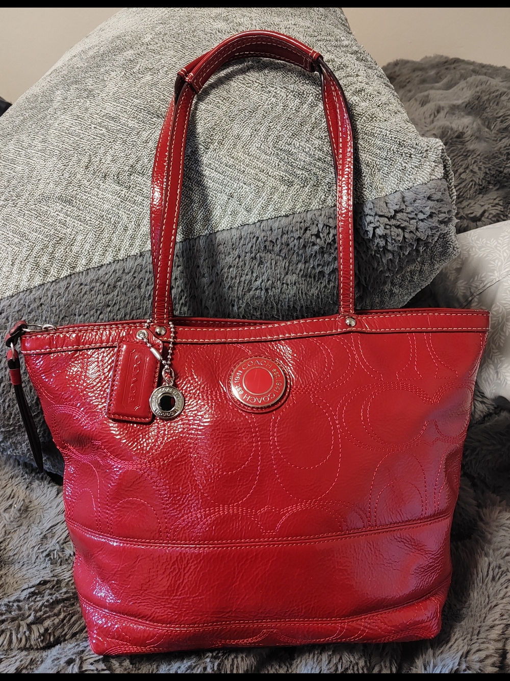 Vintage Y2K Coach Cherry Red Patent Leather Signature "C" Embossed Tote Bag